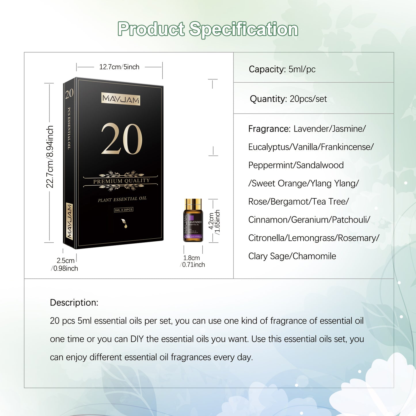 Premium 20-Set Essential Oils (5ml Each)